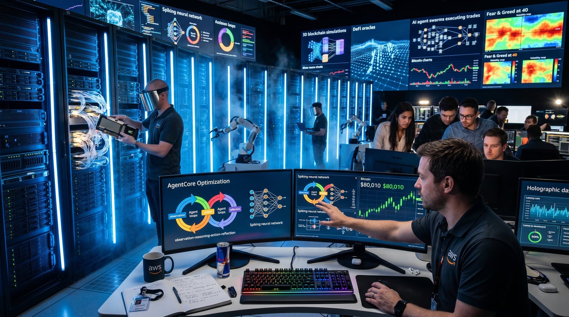 AWS data center with glowing screens displaying AgentCore Optimization graphs and BTC charts amid server racks