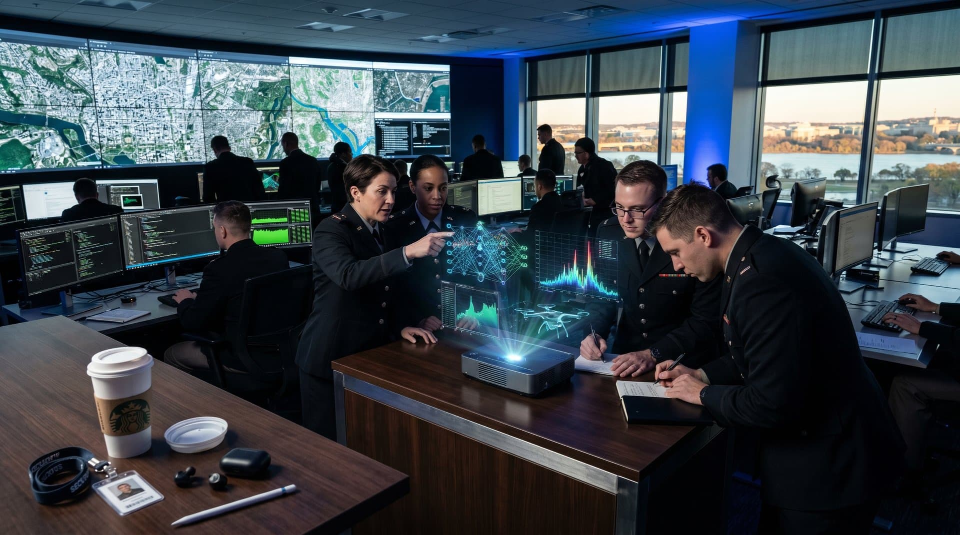 High-tech Pentagon CDAO briefing room with holographic AI displays, curved monitors, and secure workstations