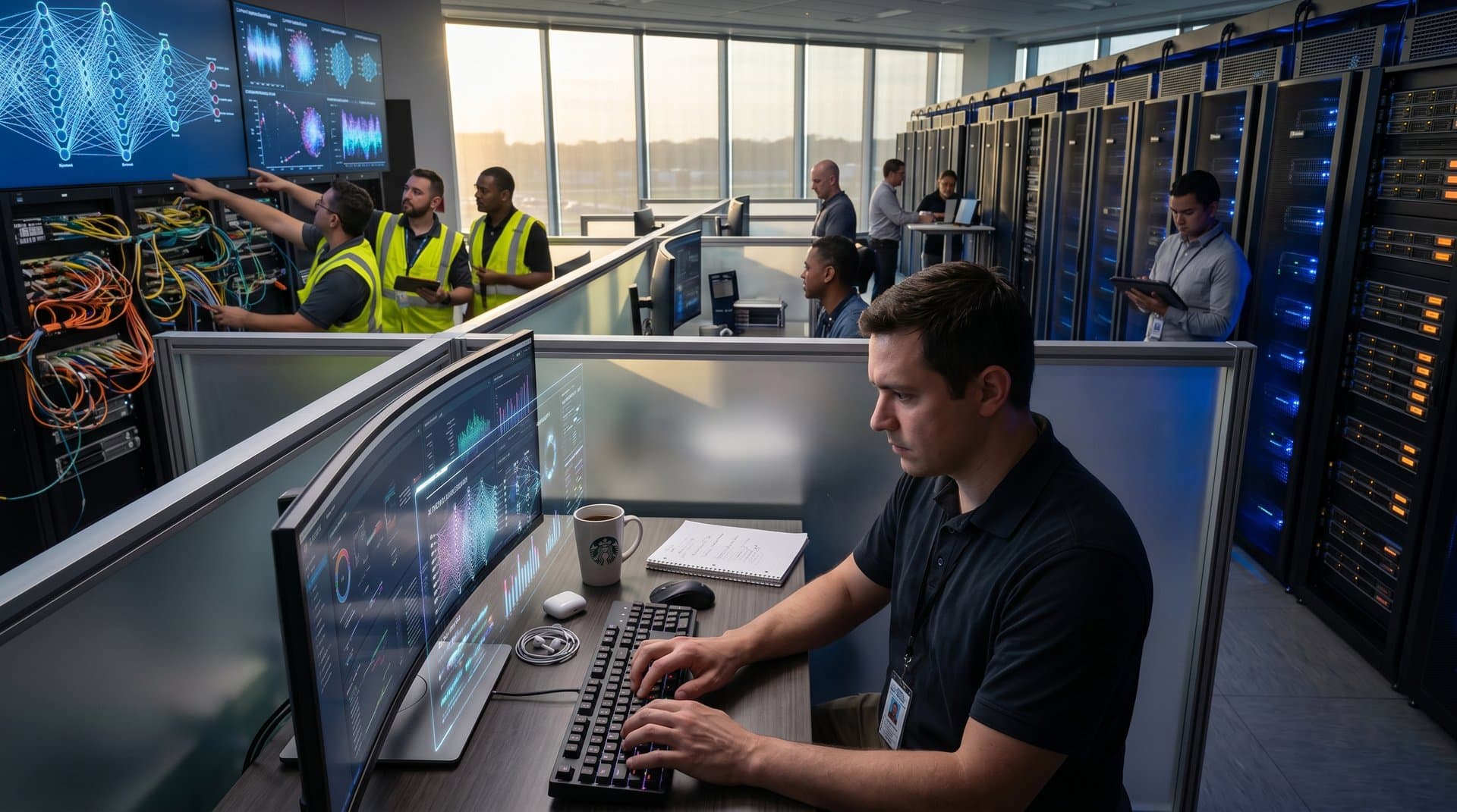 Futuristic IRS data center with glowing server racks and AI dashboards under blue LEDs