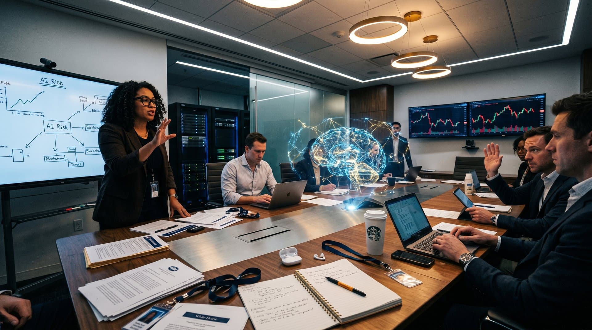 Holographic AI model and crypto charts on conference table amid policy debate in modern boardroom