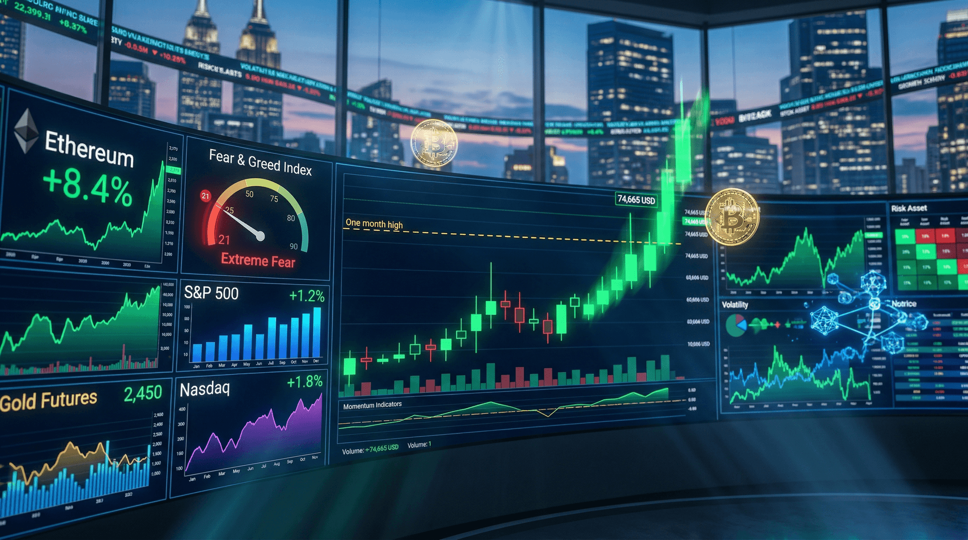 Bitcoin Price Surges to $74,665 One-Month High Despite Fear at 21