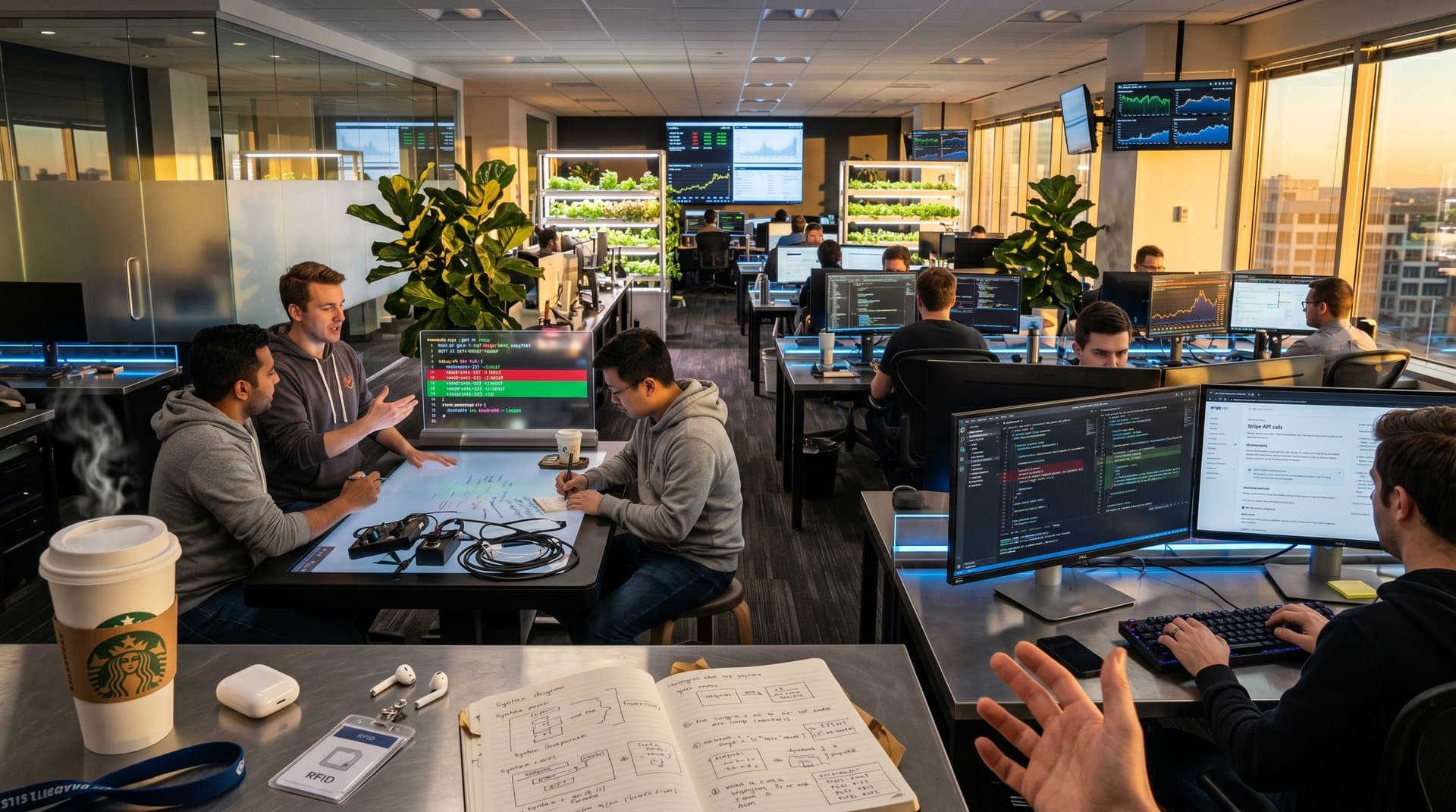 Stripe engineers collaborate on code reviews around glass table with monitors showing Ruby diffs and Bloomberg terminals in modern office