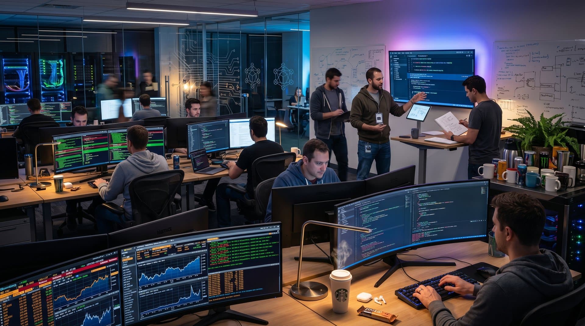 Developers at Stripe engineering desks with monitors showing Ruby code and diffs amid modern open-plan fintech office