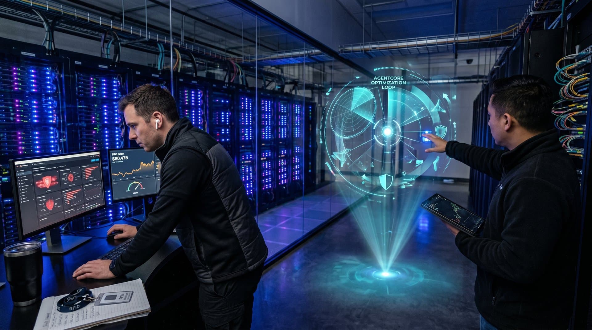 Futuristic AWS data center with holographic AgentCore Optimization loop, cybersecurity dashboards, and Bitcoin charts amid glowing server racks