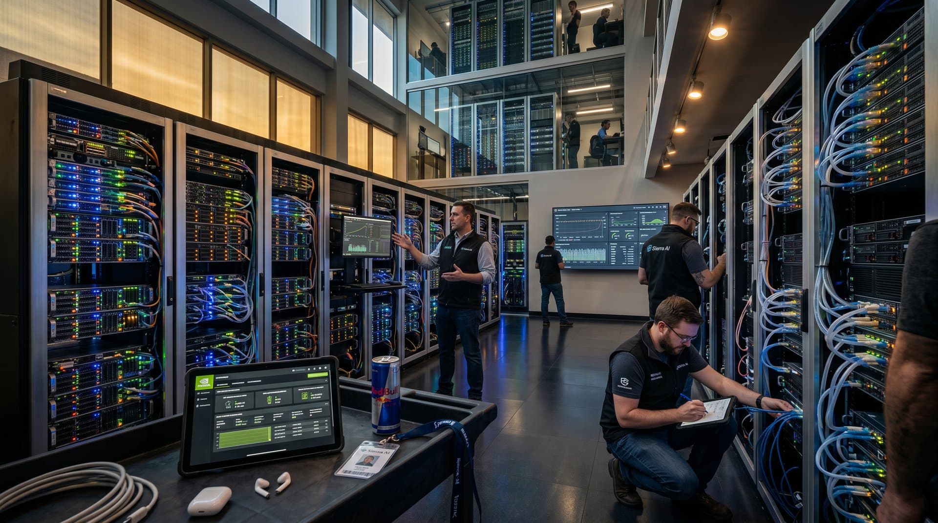 Futuristic data center with GPU racks, liquid cooling, and AI neural network holograms powering Sierra AI infrastructure
