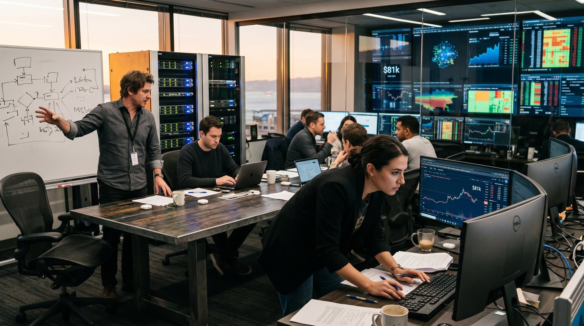 Fintech war room with AI dashboards, multi-monitors showing BTC charts at $81k, blockchain graphs, and analytics whiteboards amid server racks