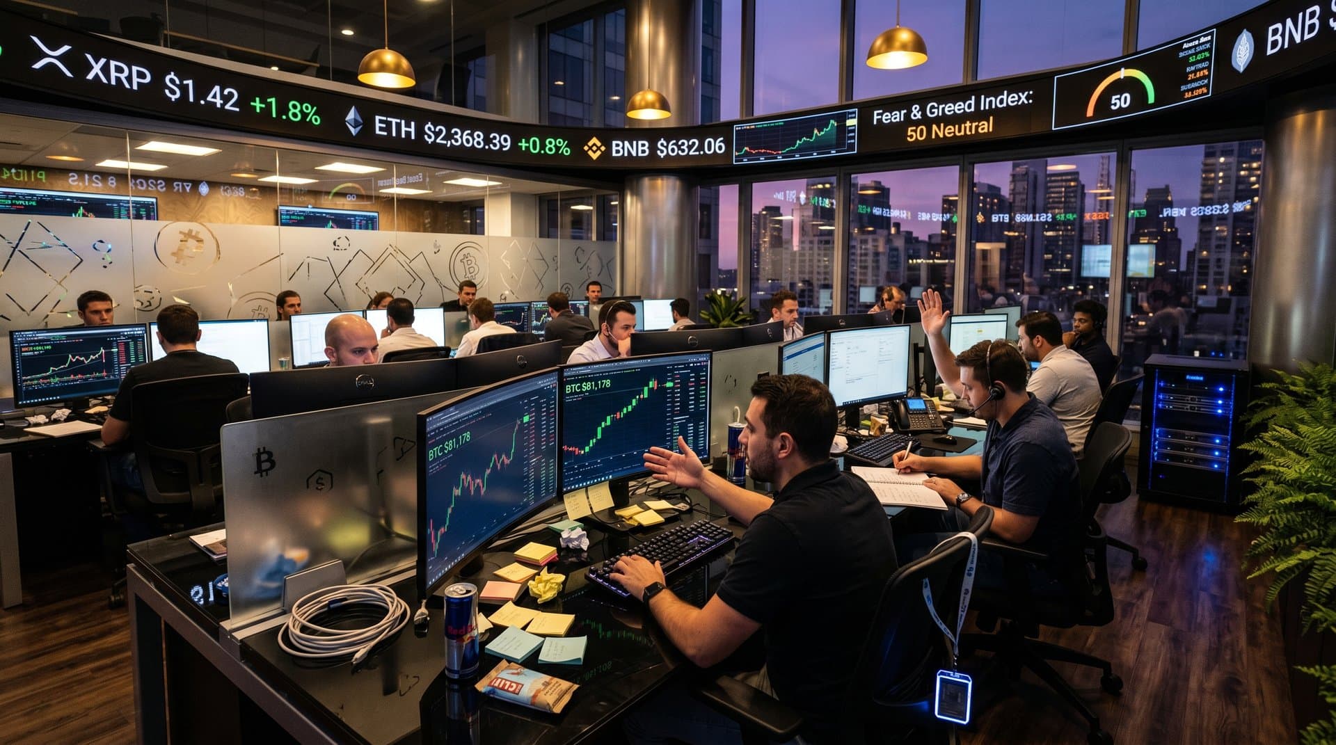 Trading screens show Bitcoin buying frenzy with BTC at $81K, Fear & Greed at 50, and rising altcoin charts