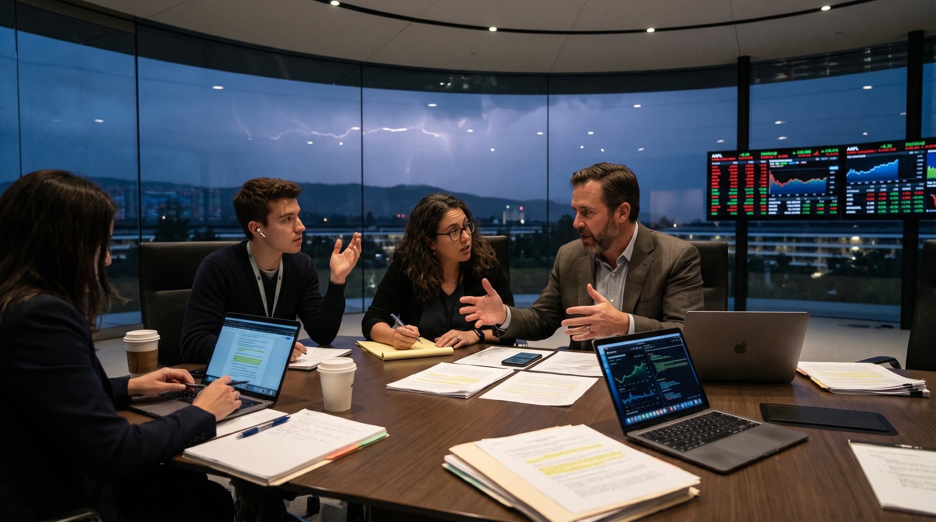 Apple boardroom featuring Siri AI interface, settlement documents, and Fear & Greed market charts in futuristic style