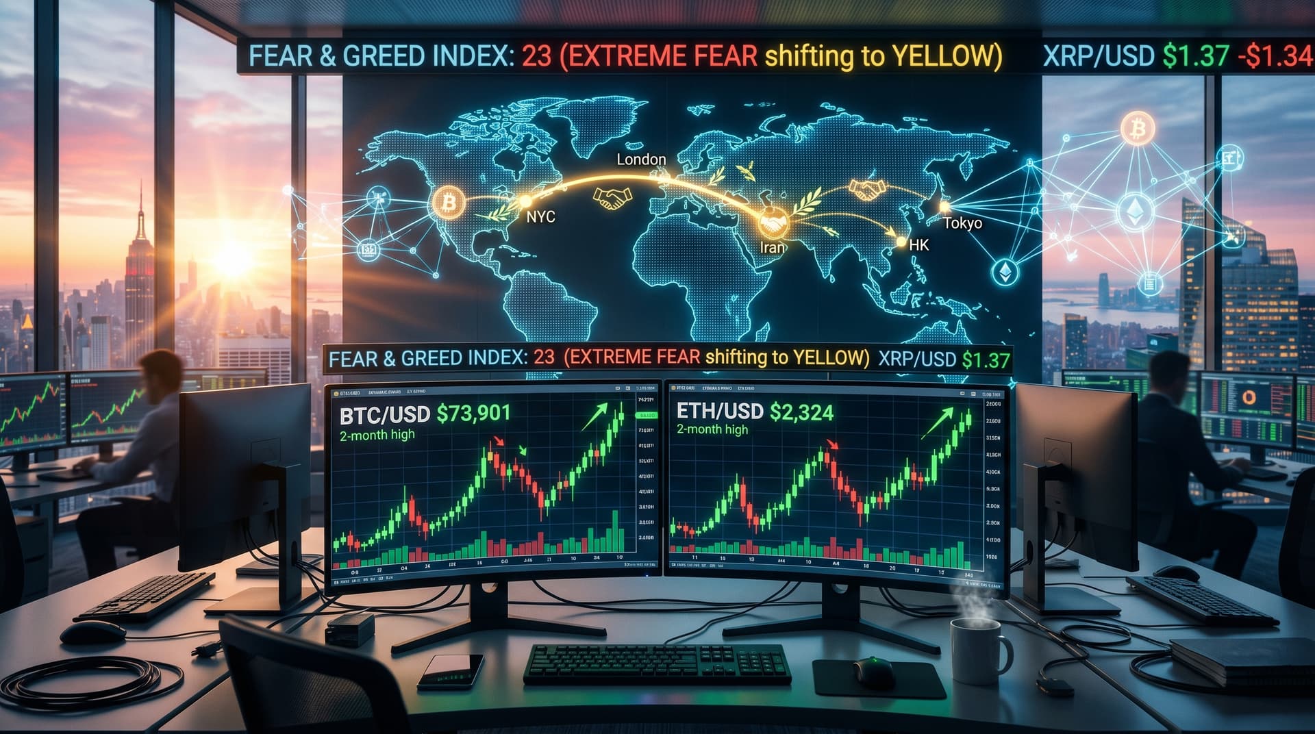 Bitcoin-Ethereum Highs: BTC Hits $73,901, ETH $2,324 Near Peaks