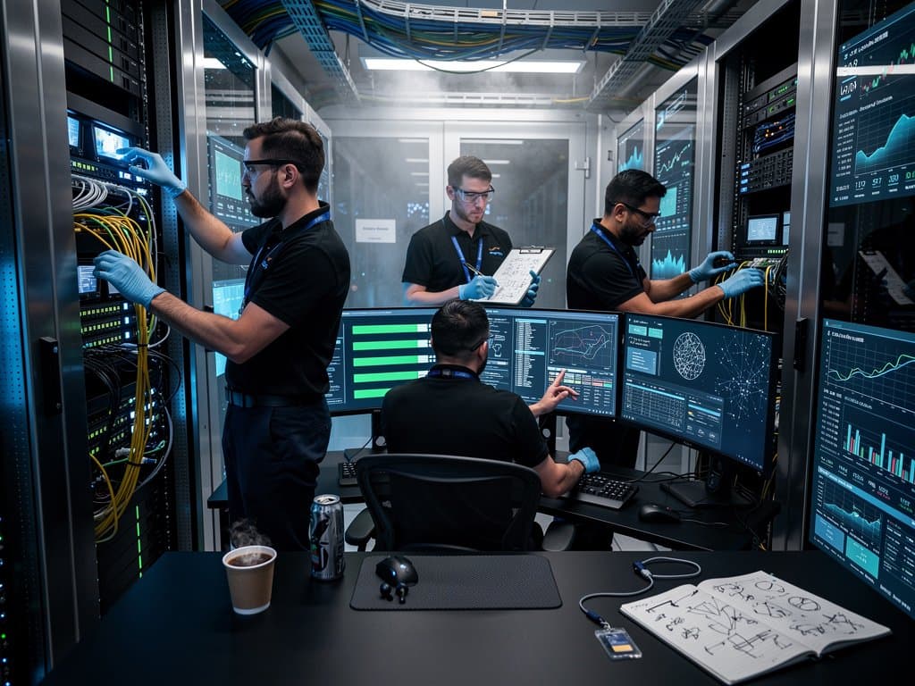 IT engineers deploy Windows patches in secure finance data center with servers, monitors, and LED lights