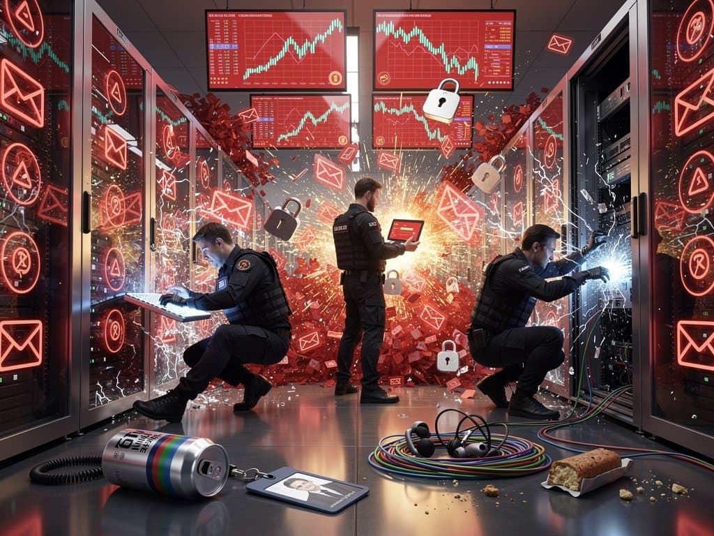 Digital spam flood overwhelming Gmail servers in futuristic data center with crypto charts and security alerts