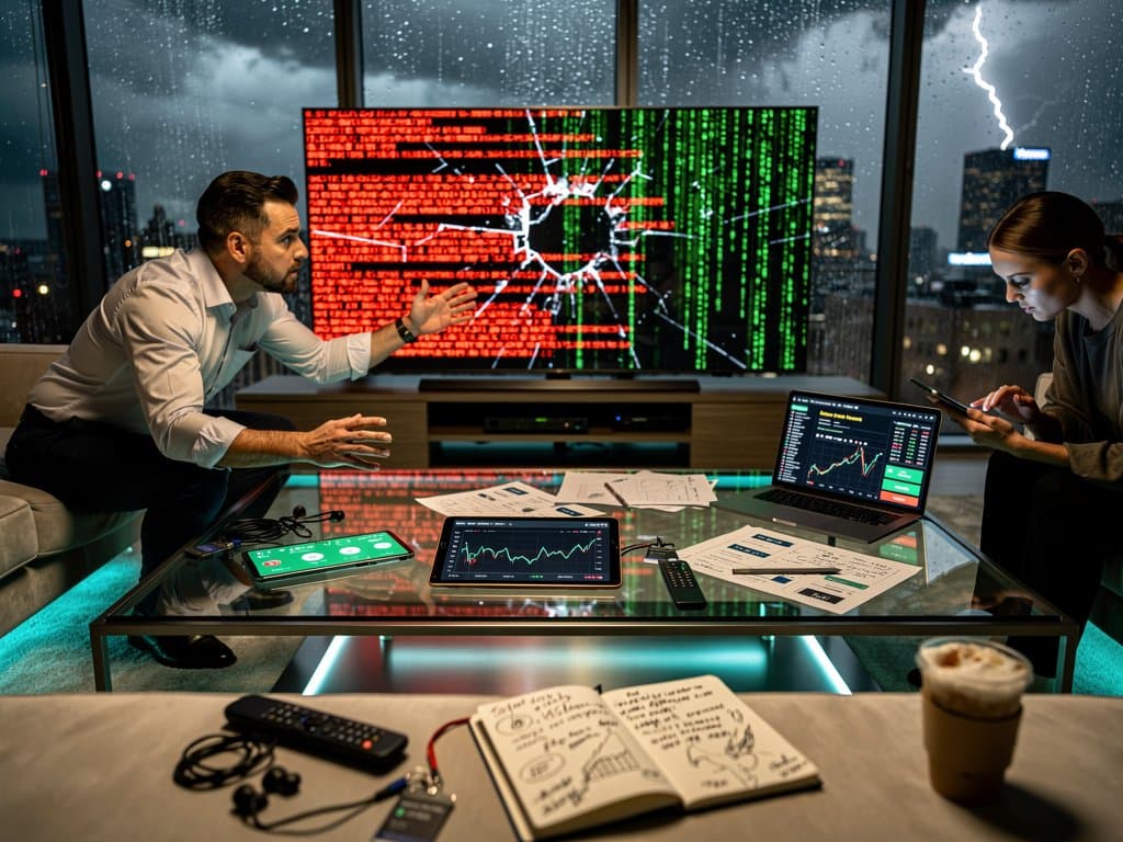 Glitching Samsung smart TV screen with hacker code exposing IoT vulnerabilities in a modern living room with crypto devices