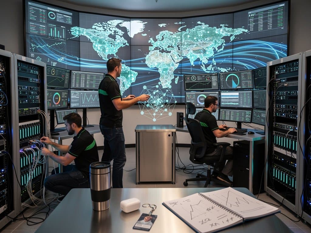 Global edge network map highlighting 330 cities, GPU server clusters, AI inference streams, and fintech crypto elements in cyberpunk digital art style