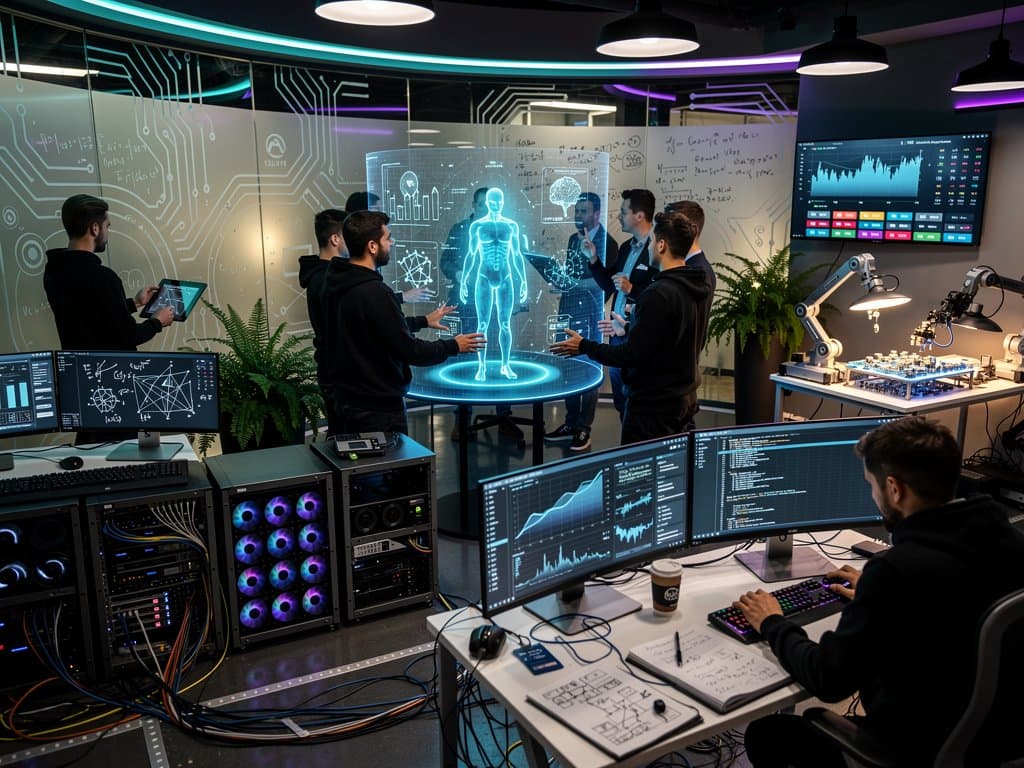 Holographic AI digital twin in Meta lab with neural networks, crypto charts, and high-tech servers evoking fear and innovation