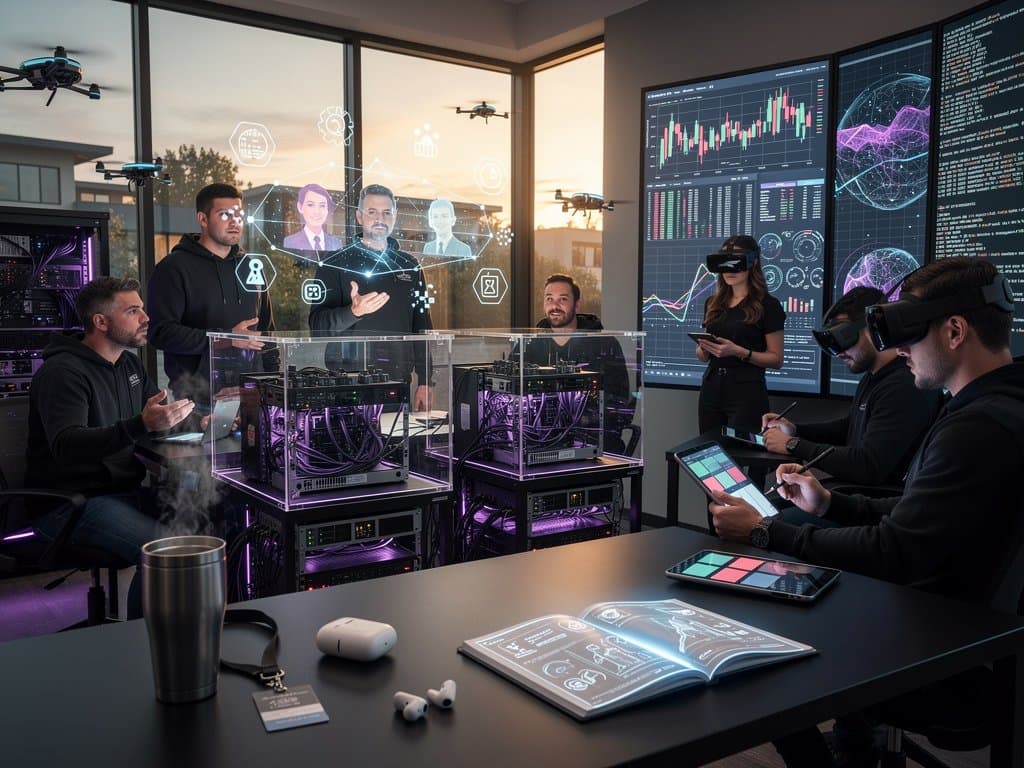 Holographic AI avatars and blockchain visuals in futuristic Meta lab with engineers collaborating on crypto fintech innovations