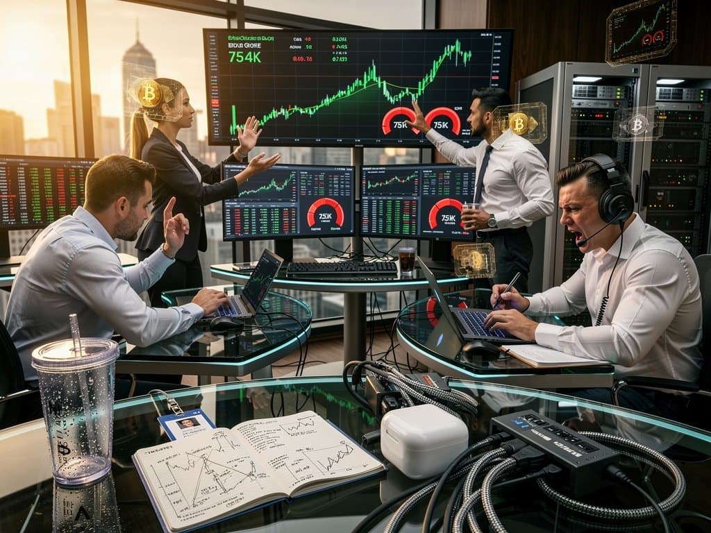 Traders at Bloomberg terminals on walnut desks monitor BTC prices and Fear & Greed Index in Schwab's modern San Francisco trading floor
