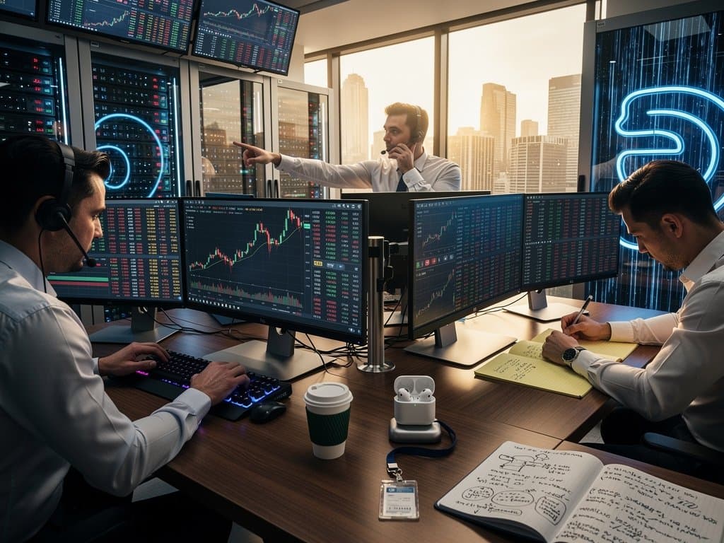 Trading desks with multi-monitors showing BTC at $75,212 and ETH charts during Schwab spot crypto trading launch
