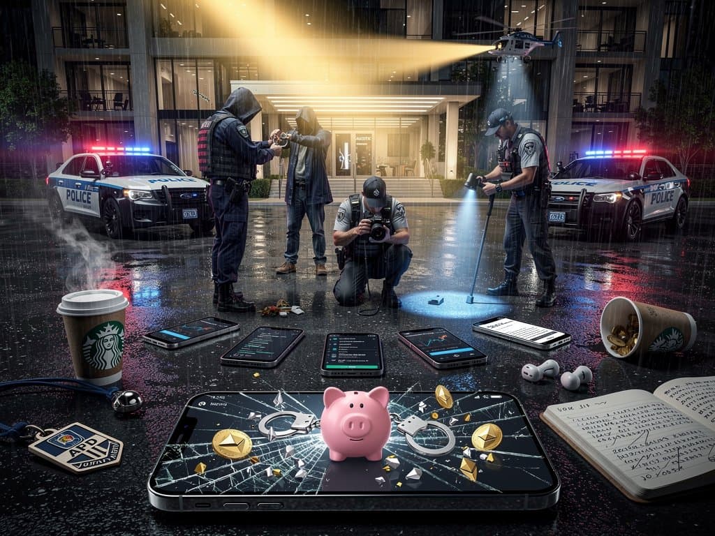 Austin police bust pig butchering scam with blockchain overlays and flashing lights at night scene