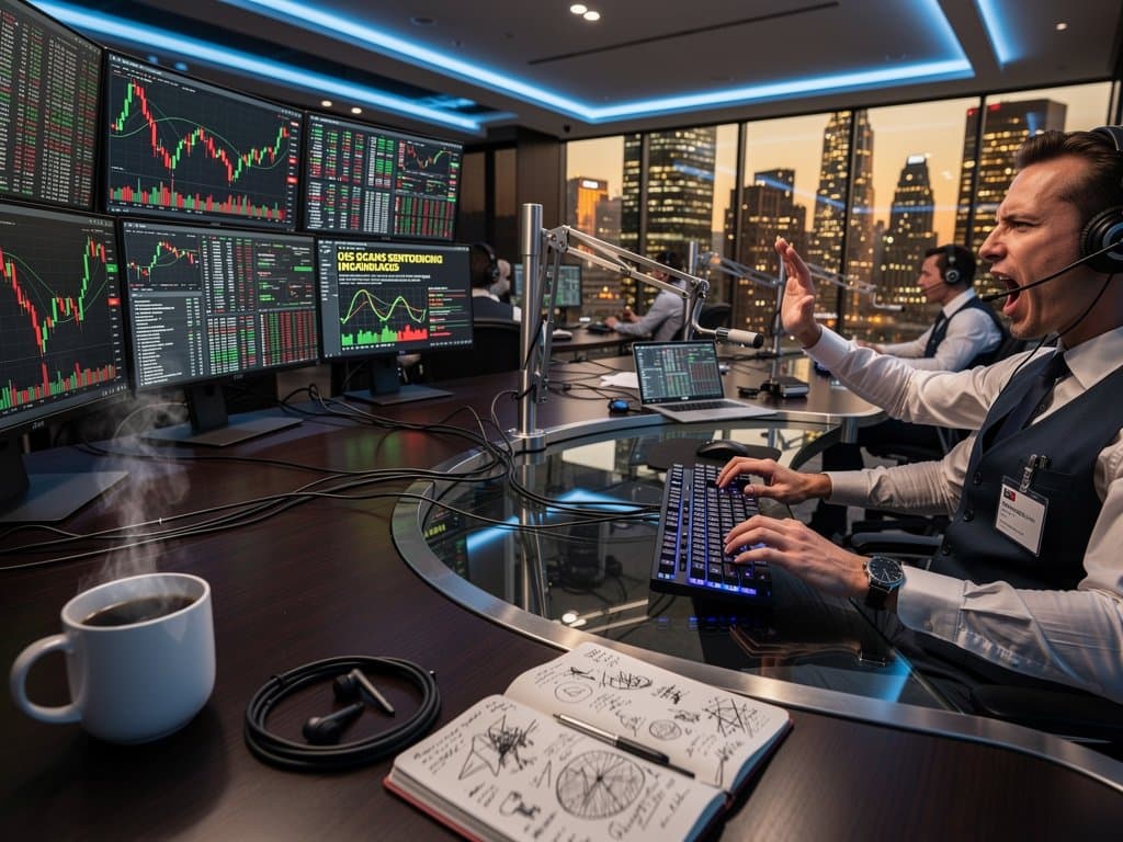 Trading floor monitors display BTC price, Fear & Greed Index, and blockchain fraud news amid market data screens