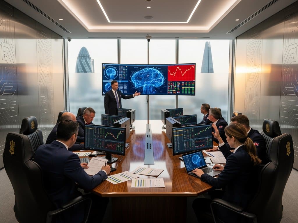 Bank of England boardroom with screens displaying AI neural networks, risk charts, BTC $74,997, Fear & Greed 21, overlooking City skyline
