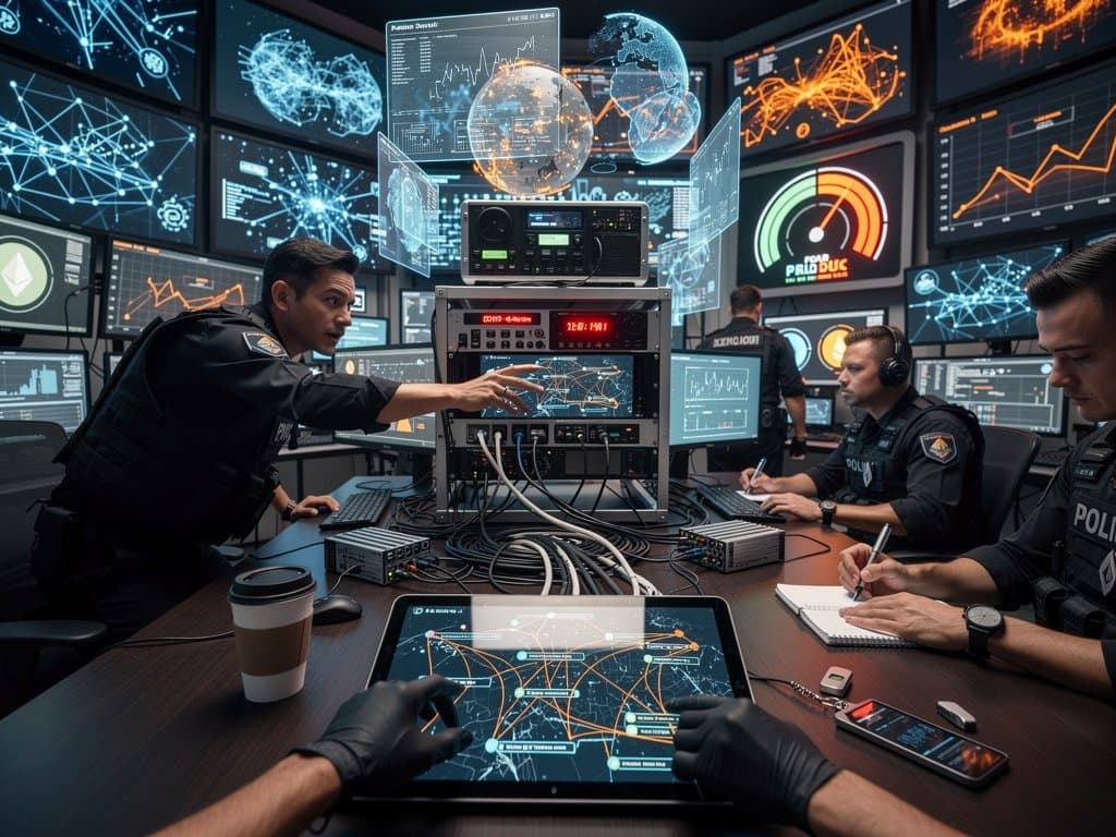 Holographic blockchain graphs and scam wallet visualizations in a high-tech police cybercrime forensics room with glowing screens and crypto icons