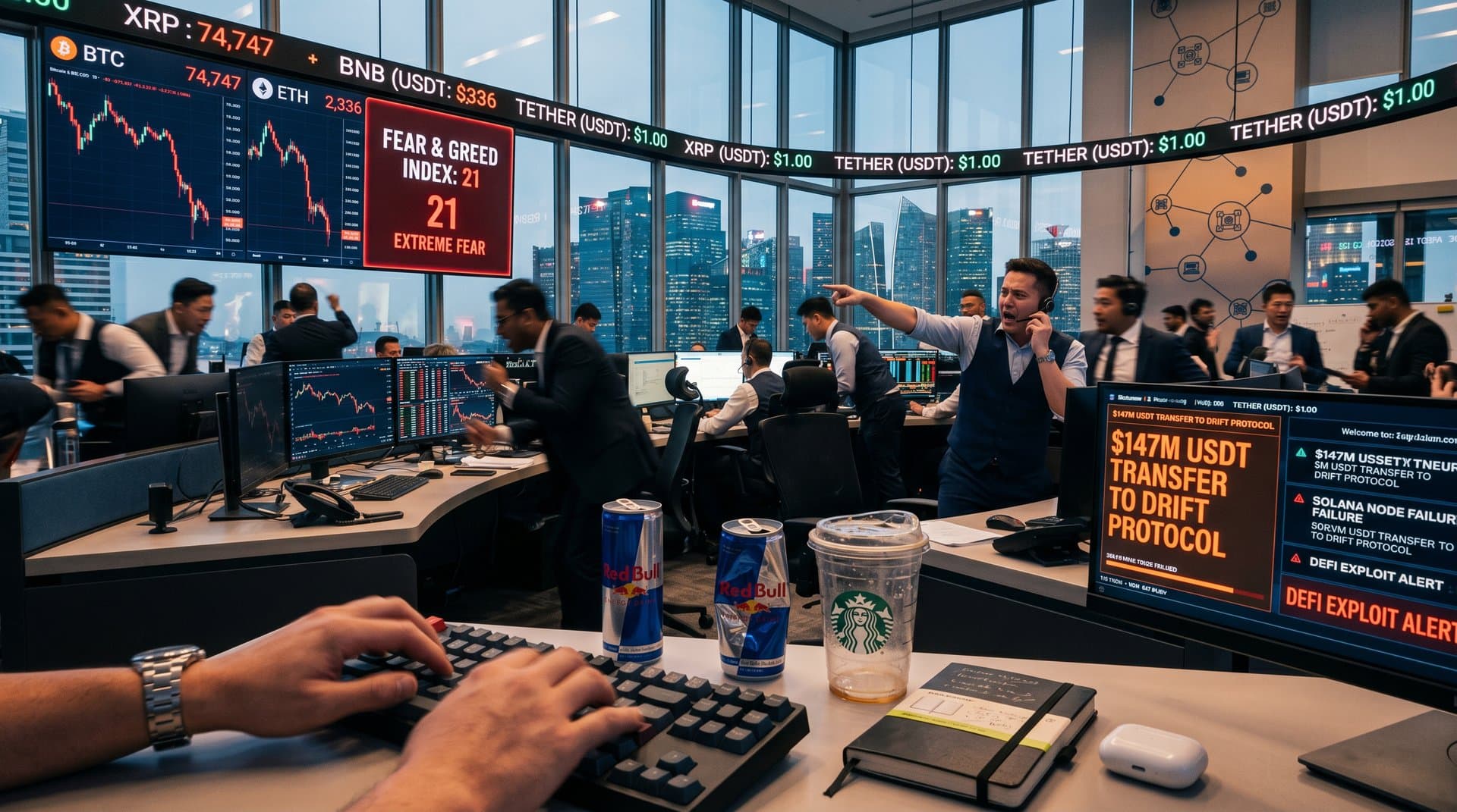 Fintech traders monitoring crypto charts, DeFi data, Tether USDT metrics, and Fear & Greed Index in high-energy trading environment