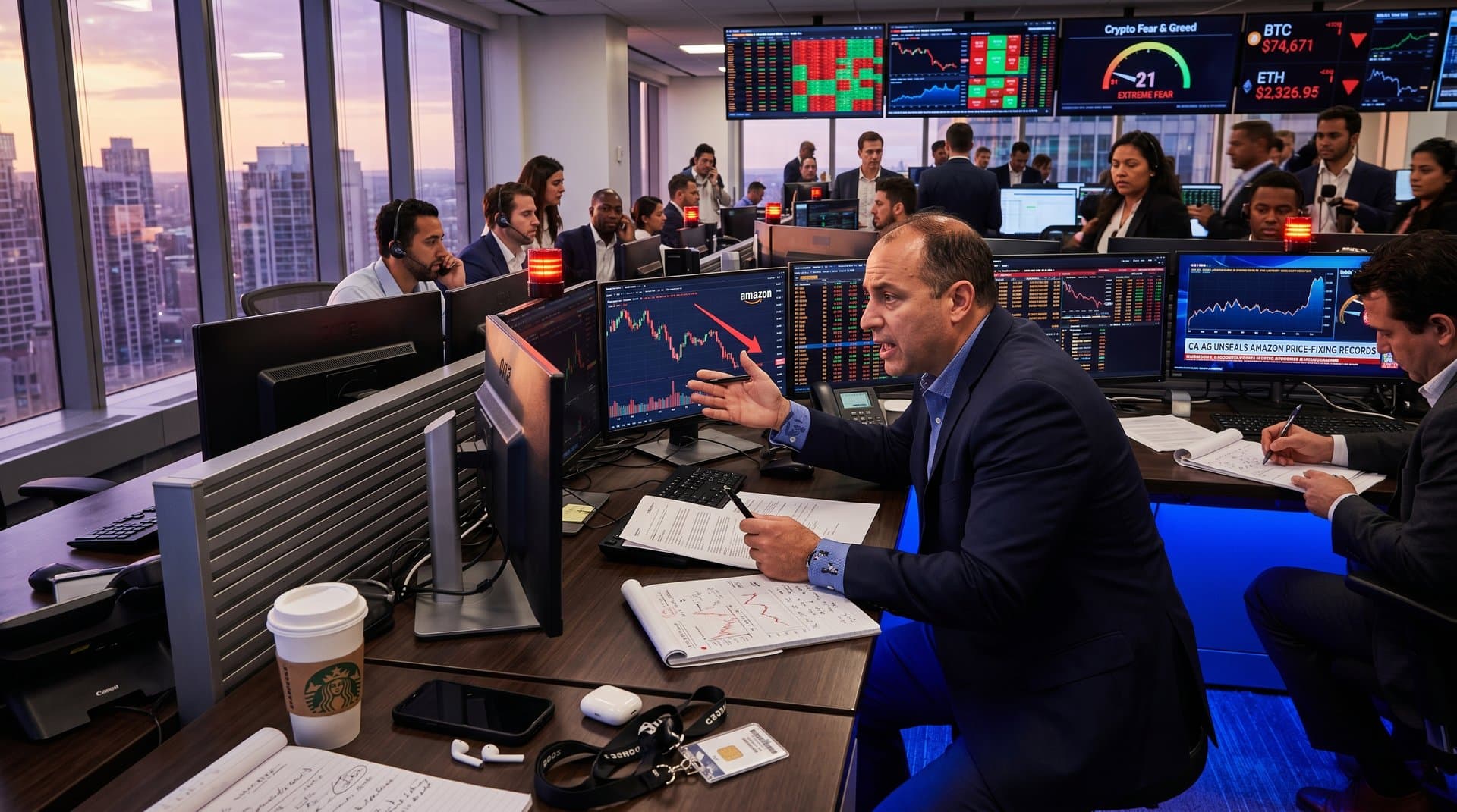 Traders monitor Amazon price-fixing news, red crypto charts, and Fear & Greed Index at 21 on busy trading floor
