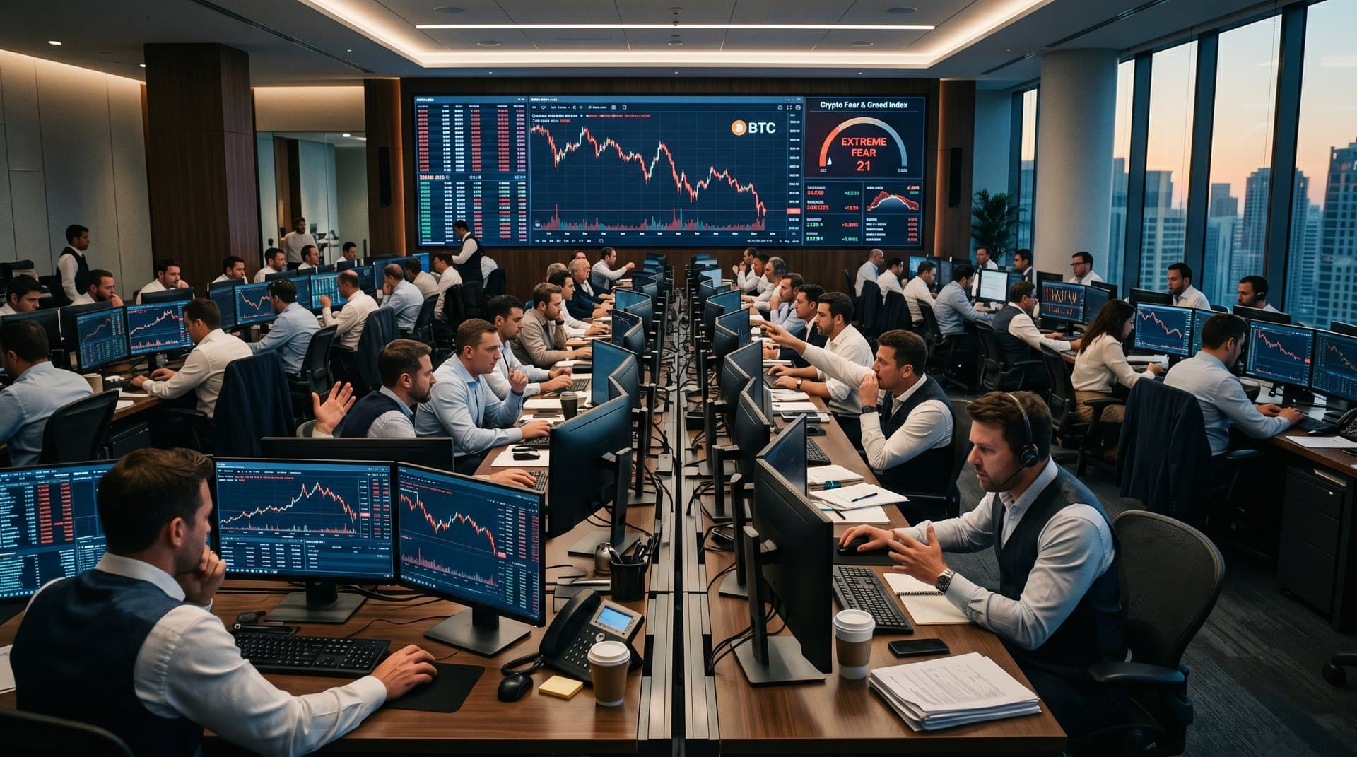 Trading terminals display BTC at $74,663, Fear & Greed 21 amid red crypto charts on modern finance floor with skyline view