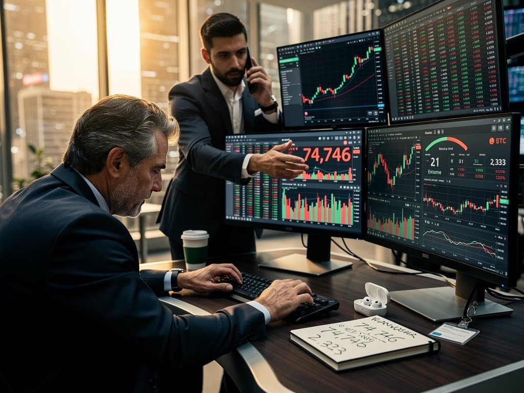 Trading floor screens display BTC at $74K, Fear Index 21 amid crypto scam alerts and red market signals