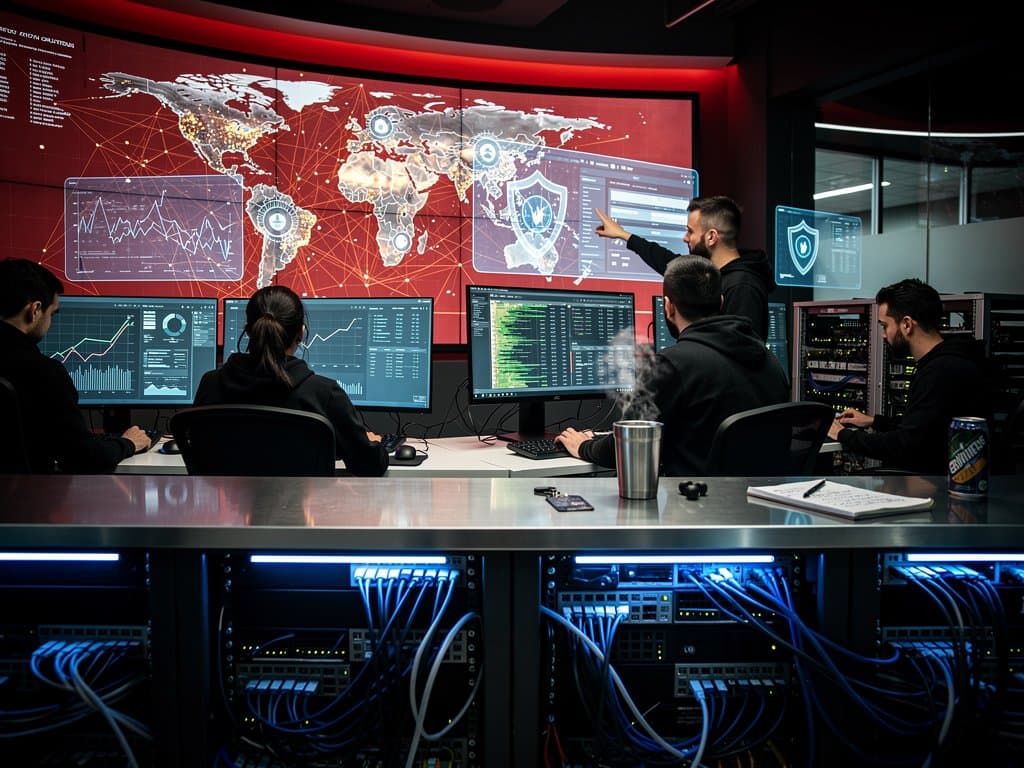 Cybersecurity operations center monitors Bluesky DDoS attack on video wall with threat maps, servers, and digital dashboards