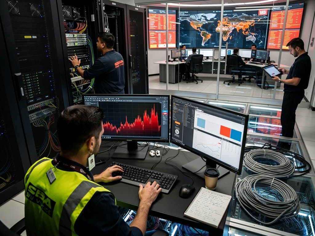 Engineer monitors DDoS traffic spikes on workstation amid server racks and technicians in bustling Tier IV data center control room