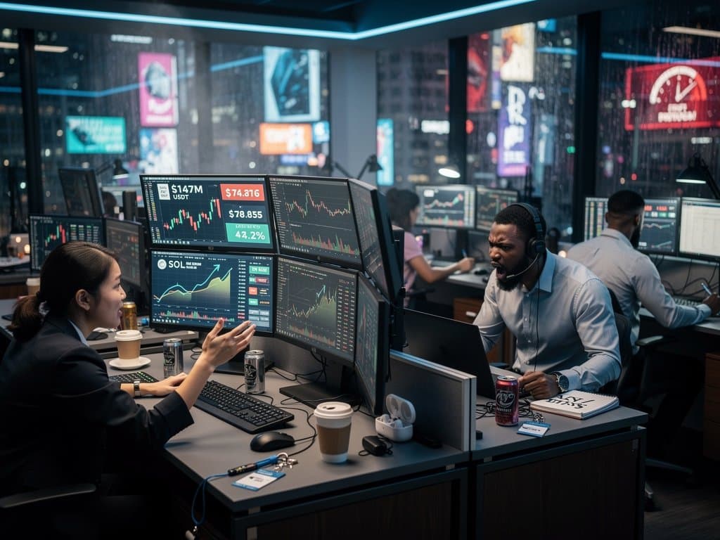 Crypto traders monitor Tether USDT Drift bailout charts, Fear & Greed Index at 21, Solana price surge on multi-screen trading desk