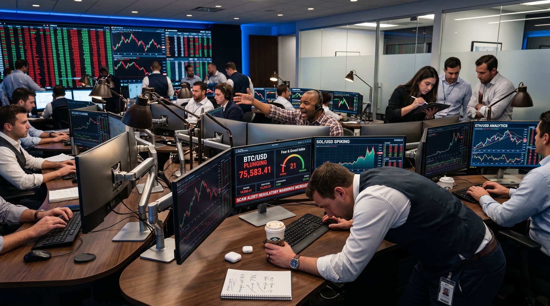 Fintech traders monitoring crypto charts with Fear Index at 21, BTC at $75K, and scam alerts on trading floor screens