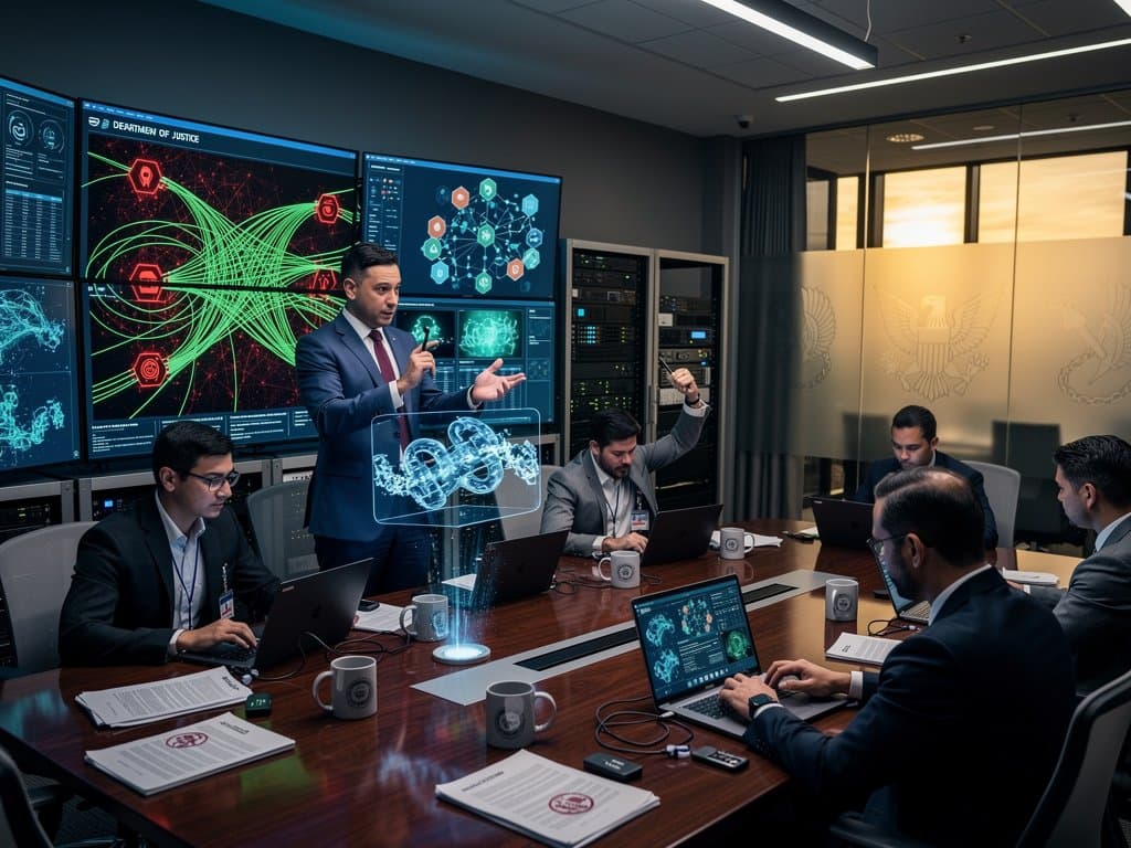 DOJ prosecutors brief on crypto scam case around conference table with blockchain screens and laptops in secure briefing room