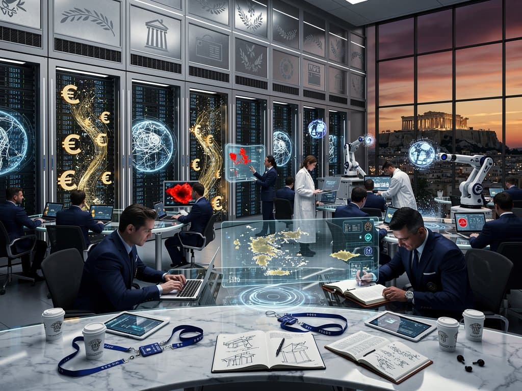 AI-powered data center in Athens scans financial transactions with neural networks and blockchain visuals under sunset light