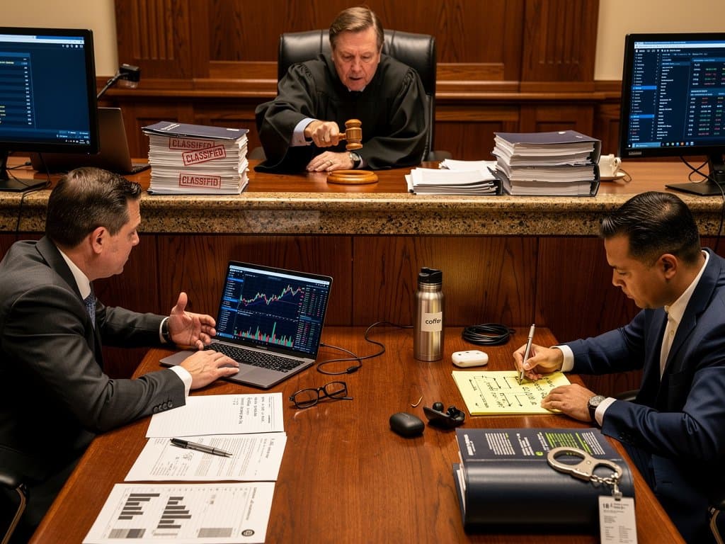Dramatic federal courtroom scene with judge's dais, crypto charts on screens, legal documents, and market terminals amid tense lighting