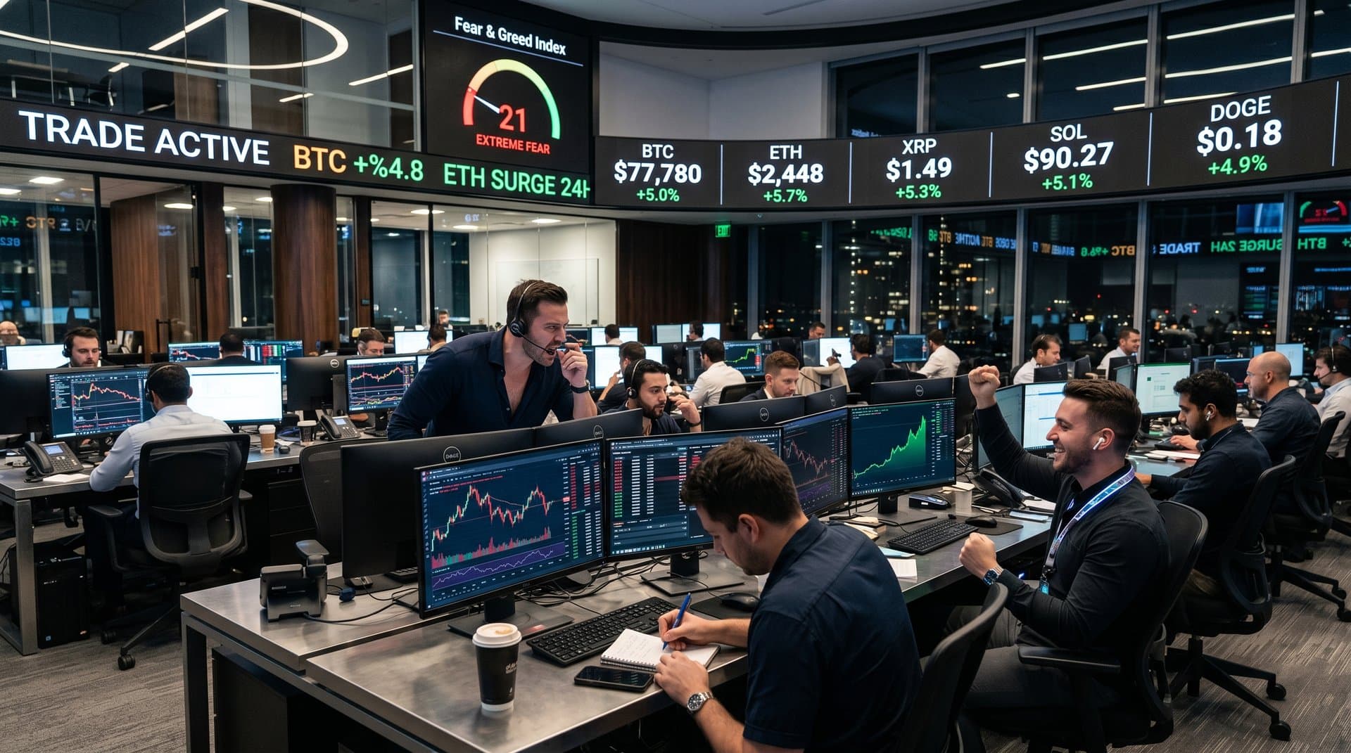 Traders at Bloomberg terminals monitor crypto prices and scam sentence news on multi-screens amid busy trading floor