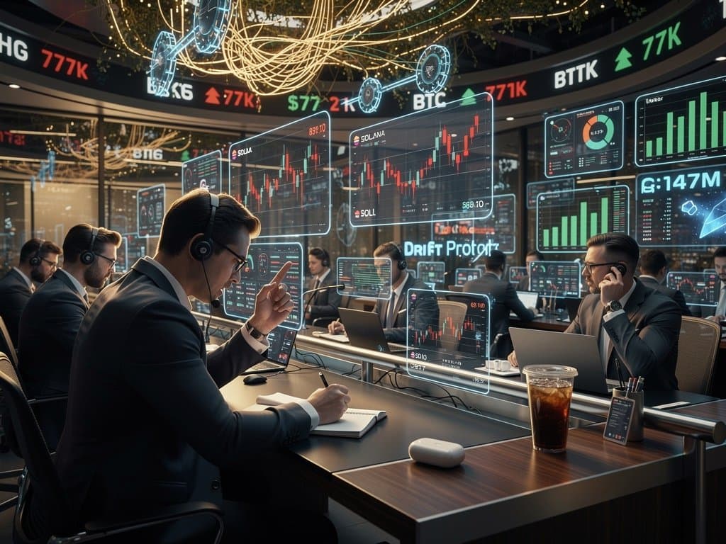 Futuristic trading dashboard showing SOL charts, Tether investment flows, and DeFi data in cyberpunk style