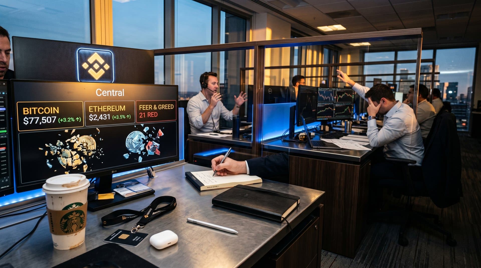 Trading screens show Bitcoin at $77,507, Ethereum prices, Fear & Greed at 21, gavel and scam alerts overlay on Binance charts in busy market floor