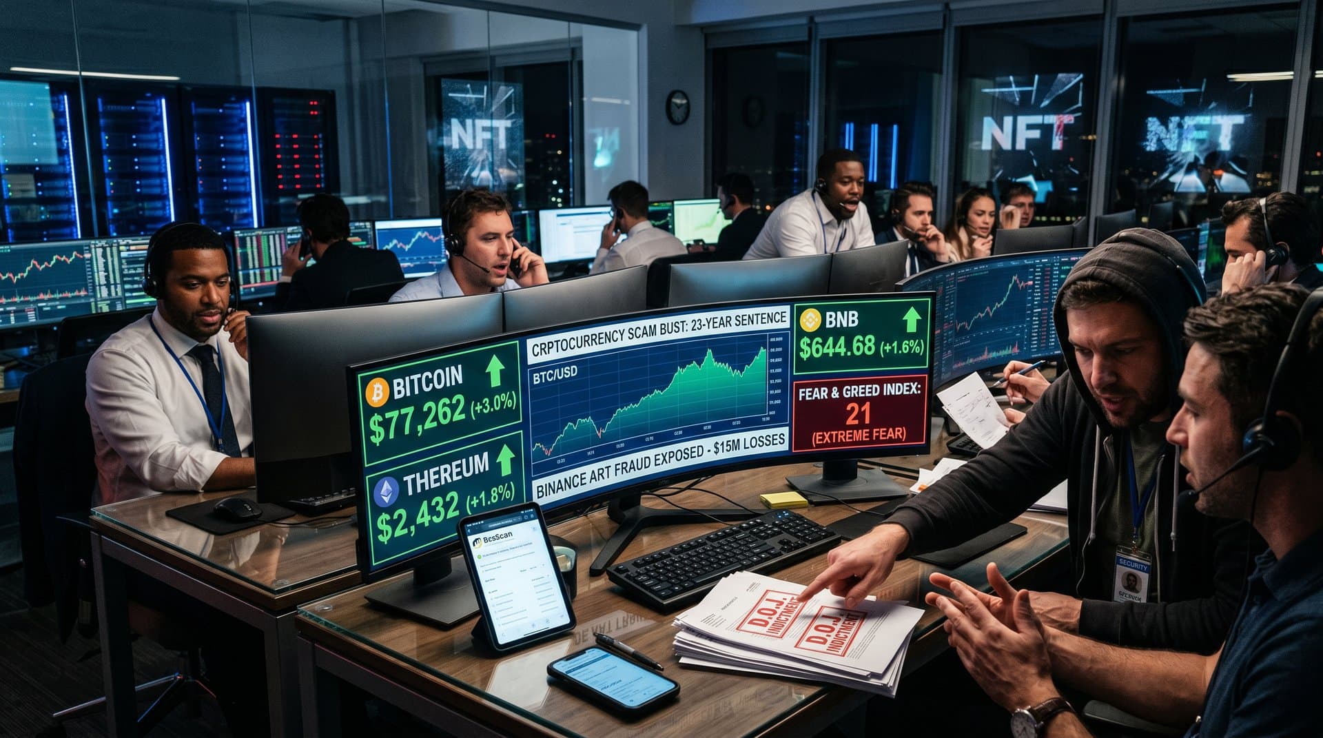 Trading screens show crypto prices, scam alerts, and Fear & Greed Index in bustling finance hub reacting to Binance fraud news