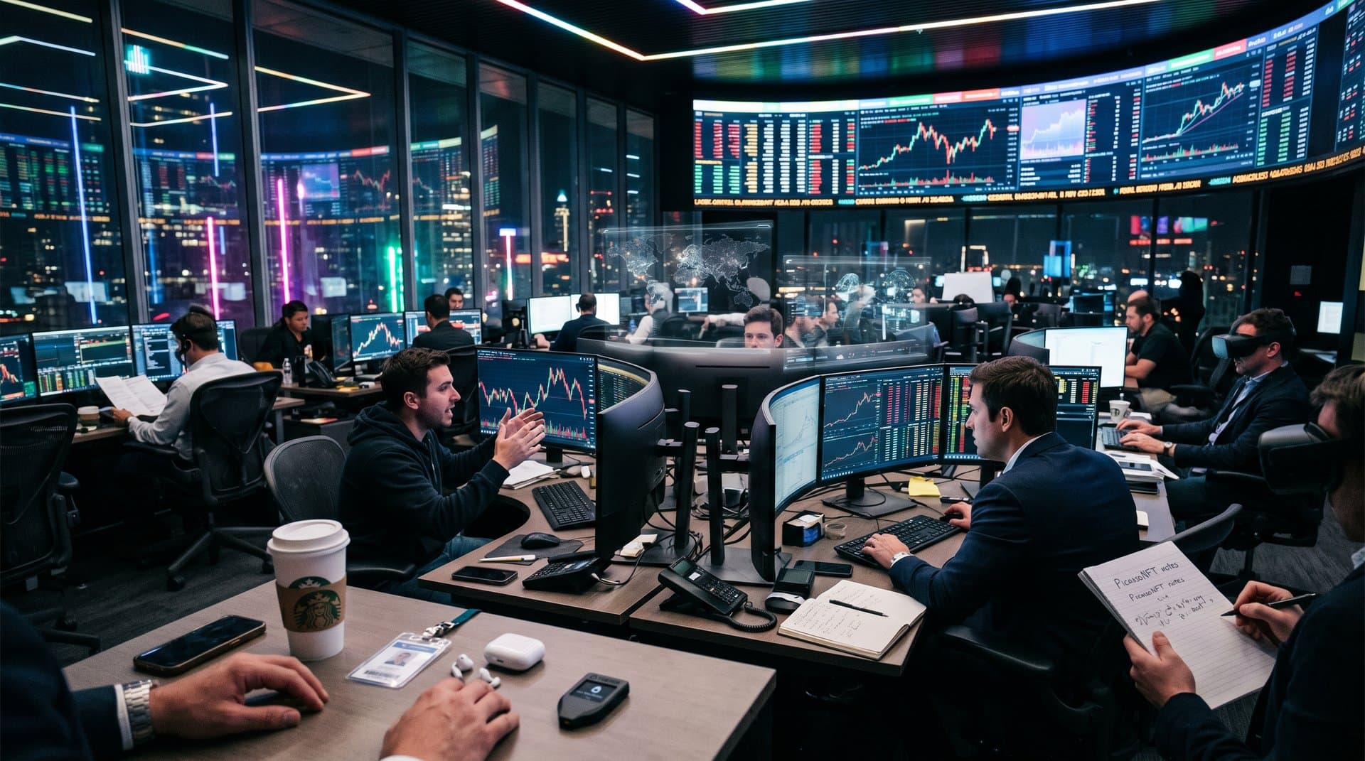 Crypto exchange screens show Binance scam 23-year sentence news, BTC at $77k, Fear & Greed 26, AI detection charts on trading floor