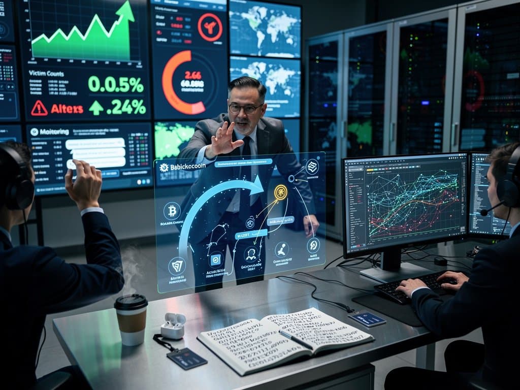 Cybersecurity dashboards tracking pig butchering scams, BTC prices, and threat alerts in high-tech operations center