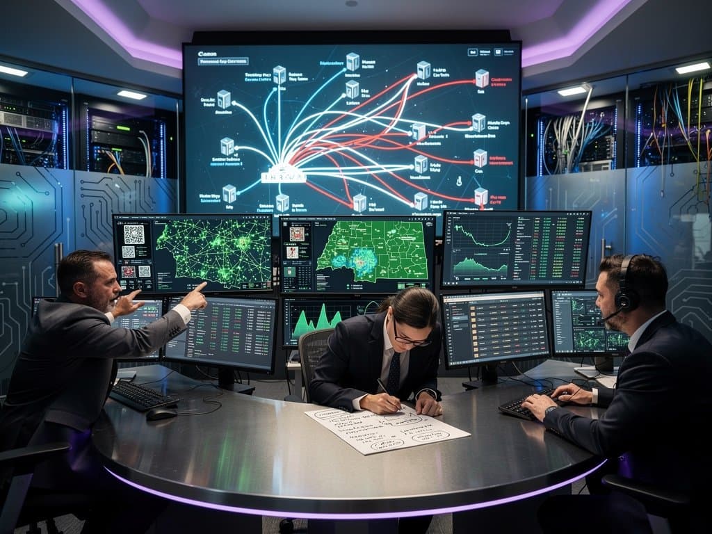 Fintech analysts monitor crypto kiosk scam data on multi-monitor setups in modern operations center