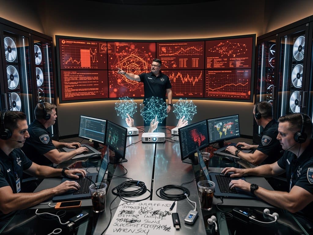 Agents in Secret Service cybersecurity center analyze blockchain scams on large screens amid servers and transaction graphs