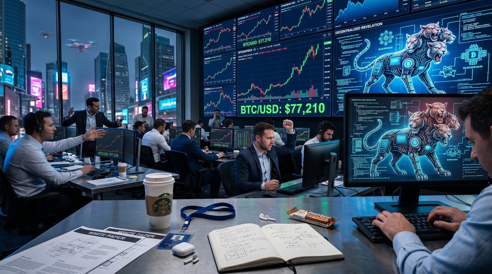 Cybernetic biblical beast fuses AI circuits and blockchain with surging Bitcoin chart in apocalyptic scene