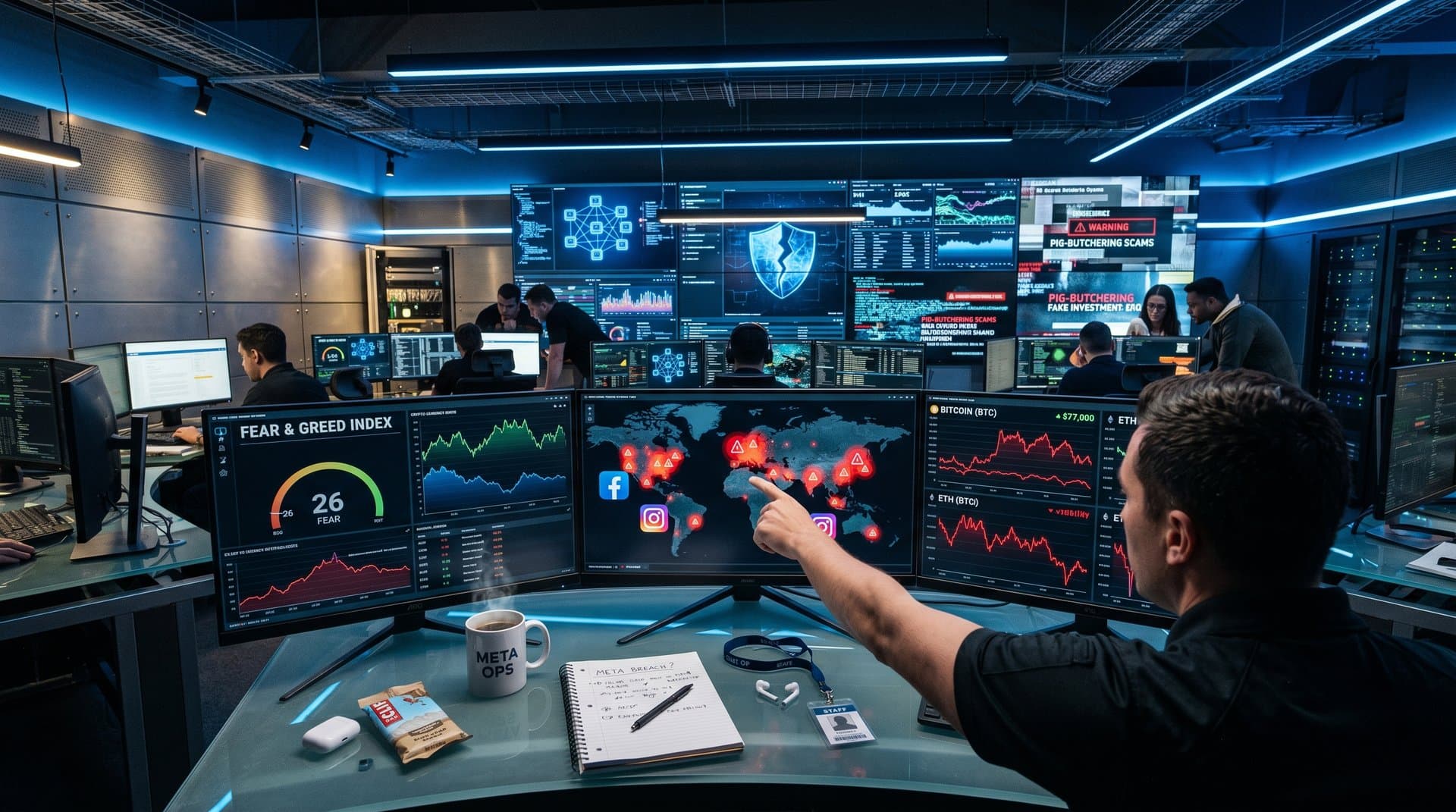 Abstract cyber dashboard alerting investment scams on Meta platforms with crypto fear index and volatility charts