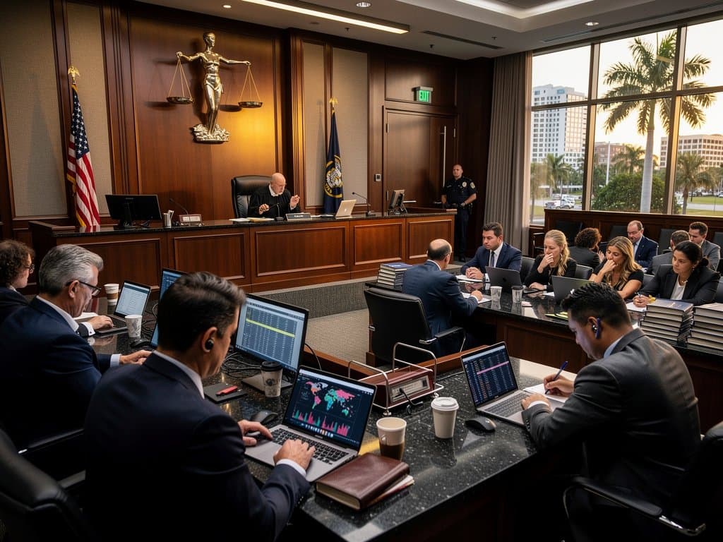 Orlando federal courtroom scene with lawyers examining crypto Ponzi scheme documents amid modern decor