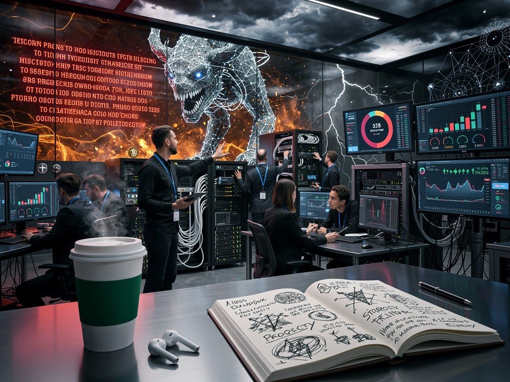 Apocalyptic AI Armageddon scene with Biblical prophecies from Revelation, crypto Fear & Greed Index at 26, Bitcoin price charts at $77K, neural networks overlay, blockchain nodes, cyberpunk neon style