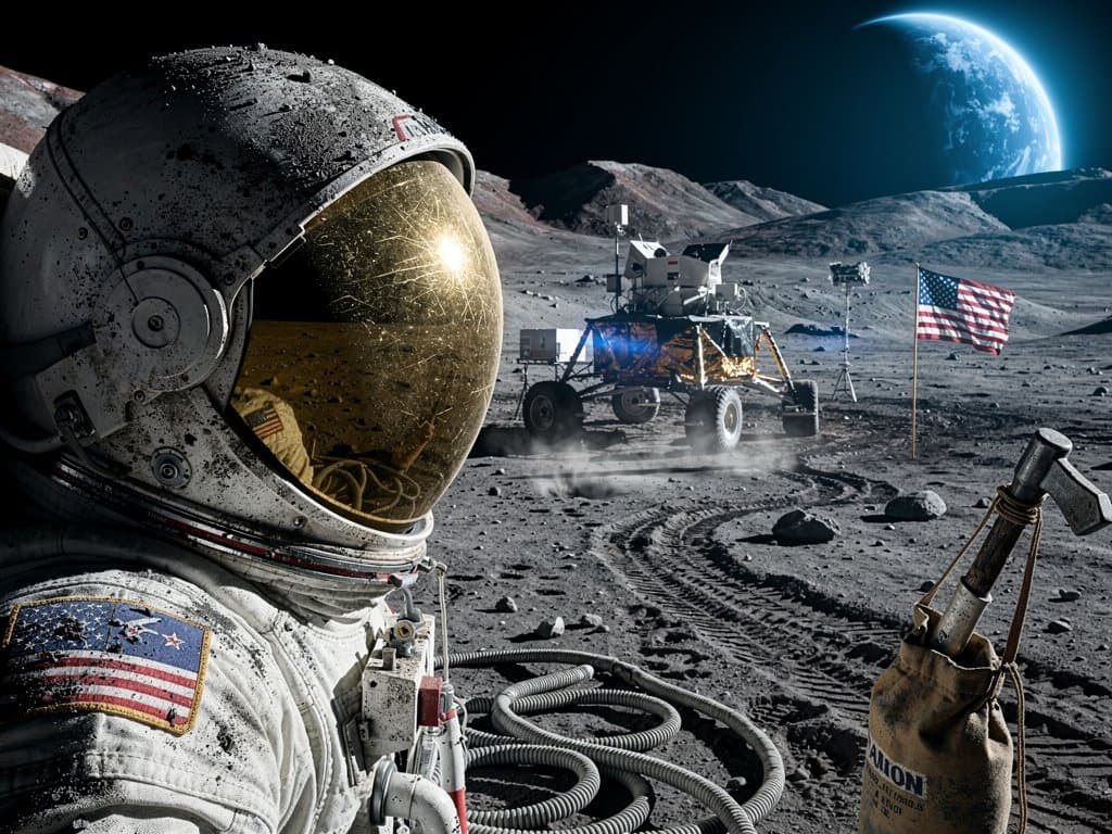 Apollo spacesuit covered in lunar dust on moon surface with craters and Earth horizon