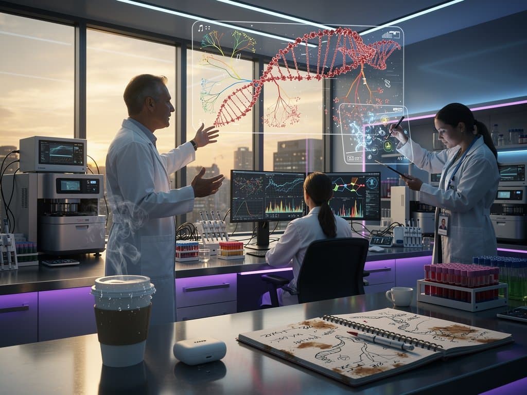 Holographic 3D genome models in high-tech lab showing human evolution acceleration with AI and crypto charts